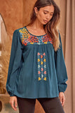 Floral Embroidered Babydoll Top, Teal