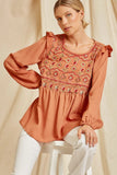 Babydoll Embroidered Top, Rust