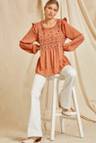 Babydoll Ruffle Embroidered Top, Rust