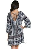 Cross Back Peasant Short Dress, Navy / White