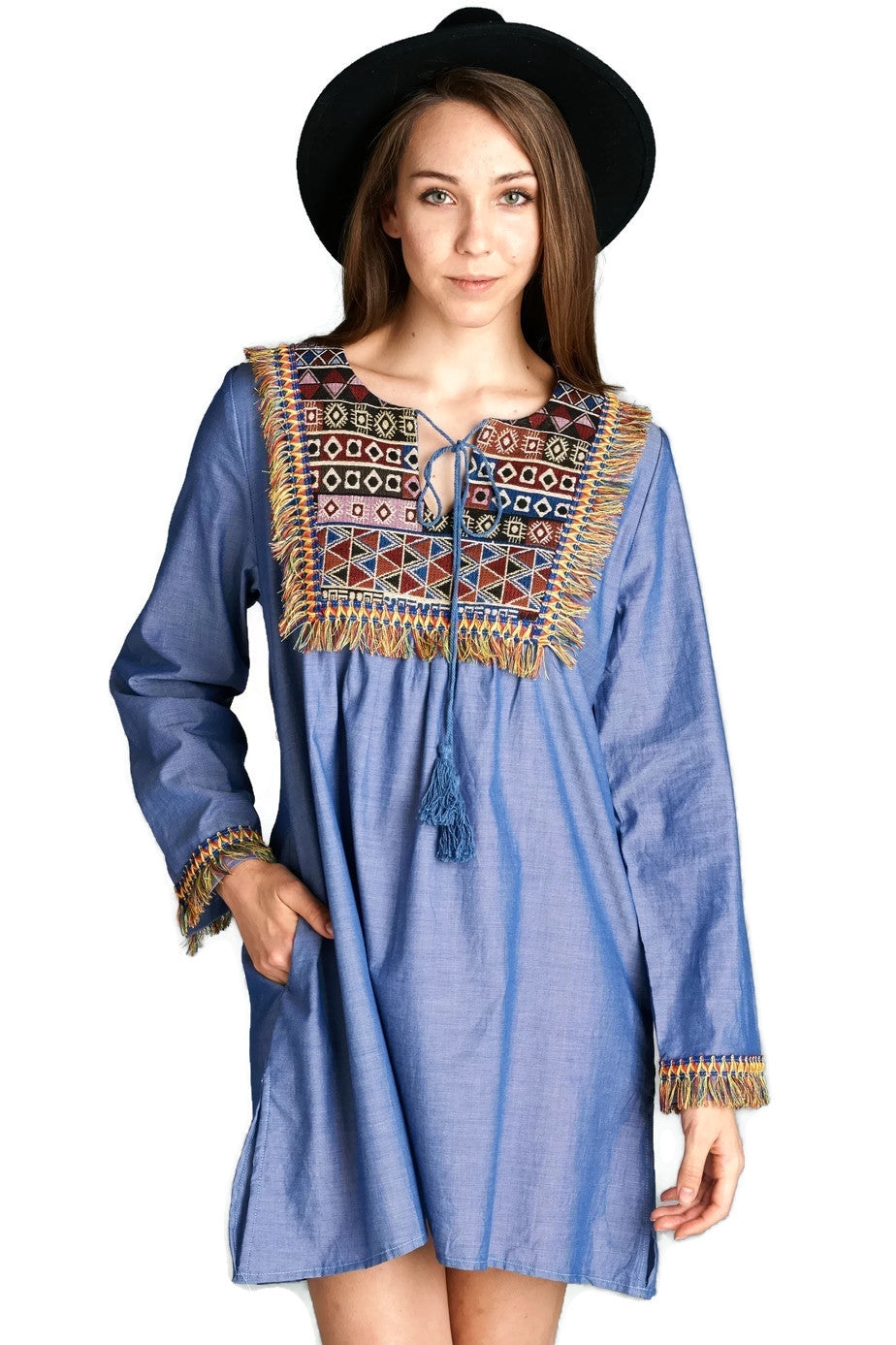 Women's Fringe & Geometric Chambray Dress - Velzera M Women's Fringe & Geometric Chambray Dress - Velzera M