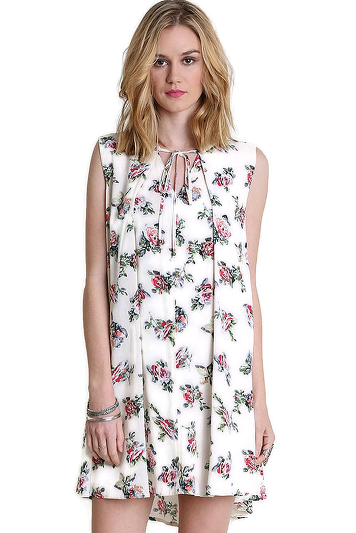 Floral Keyhole Sleeveless Dress, Ivory