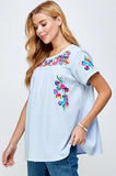 On the Border Embroidered Top, Sky Blue