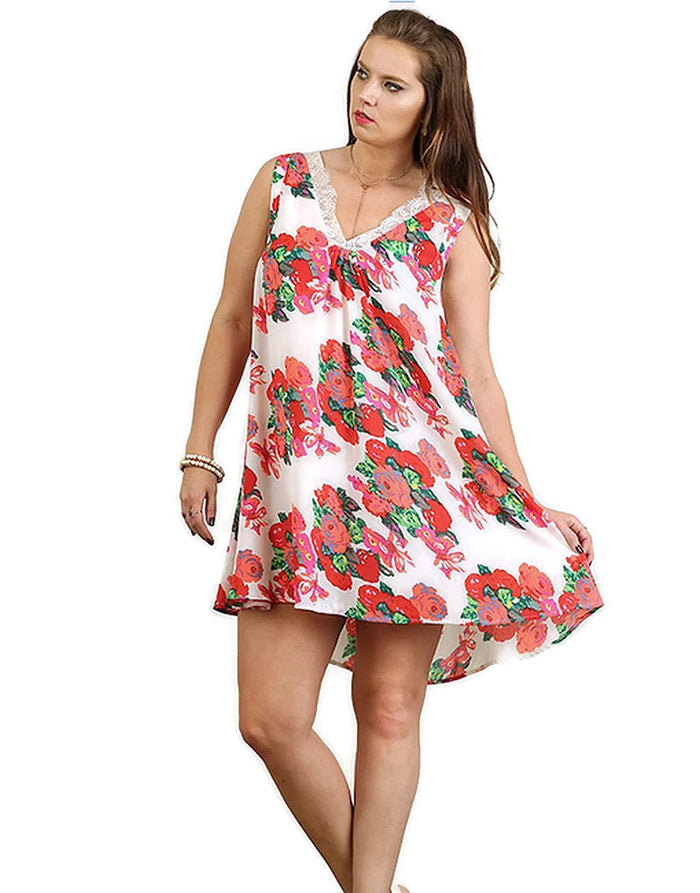 Floral Print Dress with Lace Details, Off White Mix