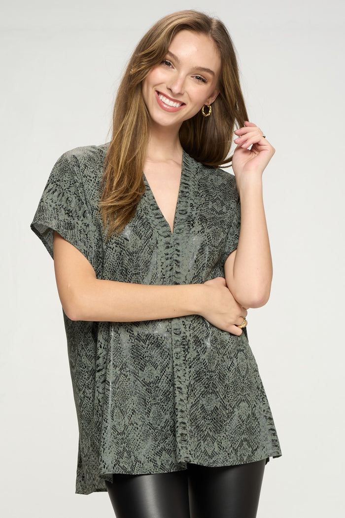 adrienne Snake Print Double V Shift Top
