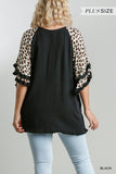 Leopard Bell Sleeve Layered Top, Black