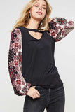 Floral Print Sleeve Knit Top, Black