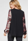 Floral Print Sleeve Knit Top, Black
