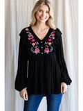 Embroidered Babydoll Top, Black