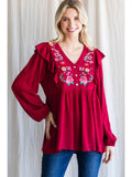 Embroidered Babydoll Top, Red