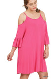 Open Shoulder Ruffle Sleeve Dress, Hot Pink
