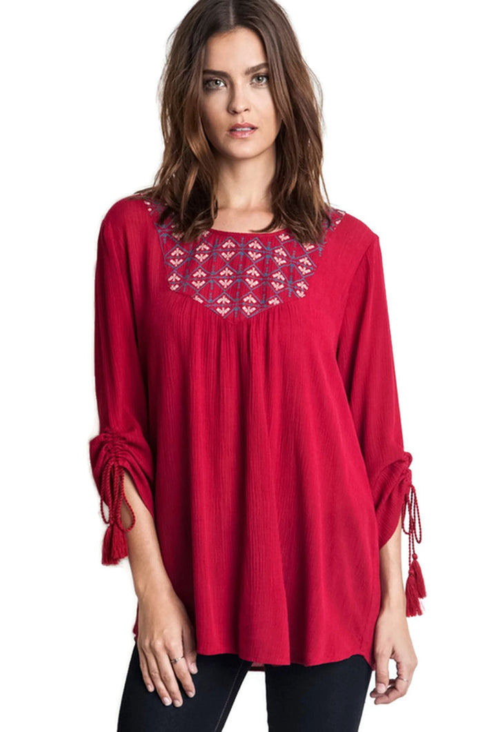 Embroidered Baby Doll Top,  Burgundy