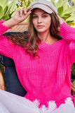 Frayed V-Neck Sweater, Neon Pink