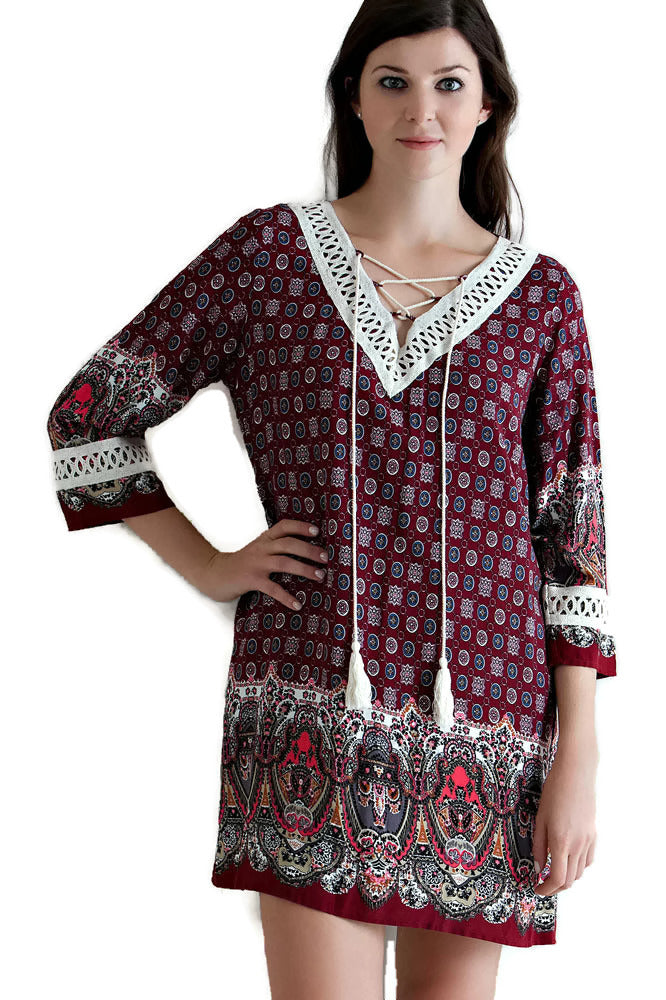 Border Print Tassel Tie Dress, Burgundy