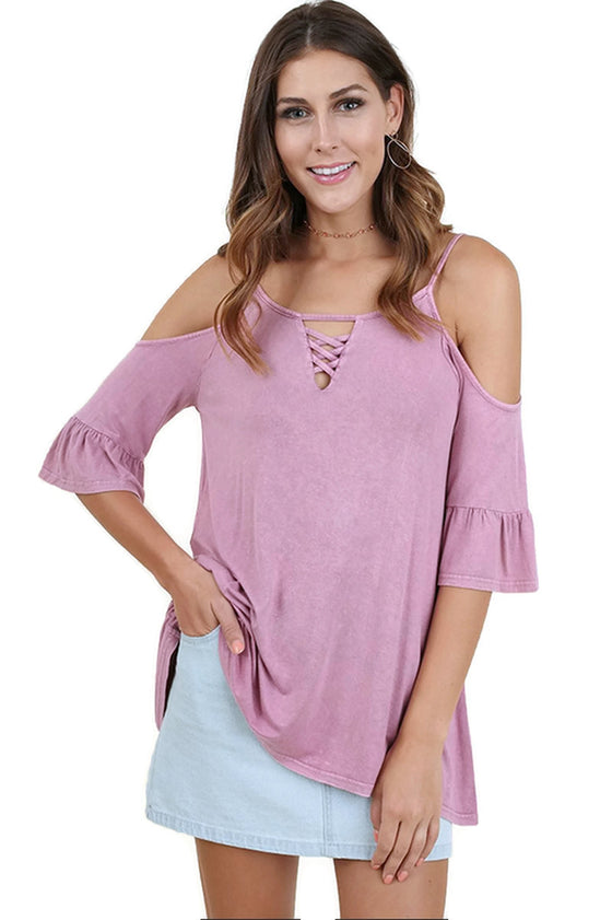 Rose Mineral Washed Cold Shoulder Top