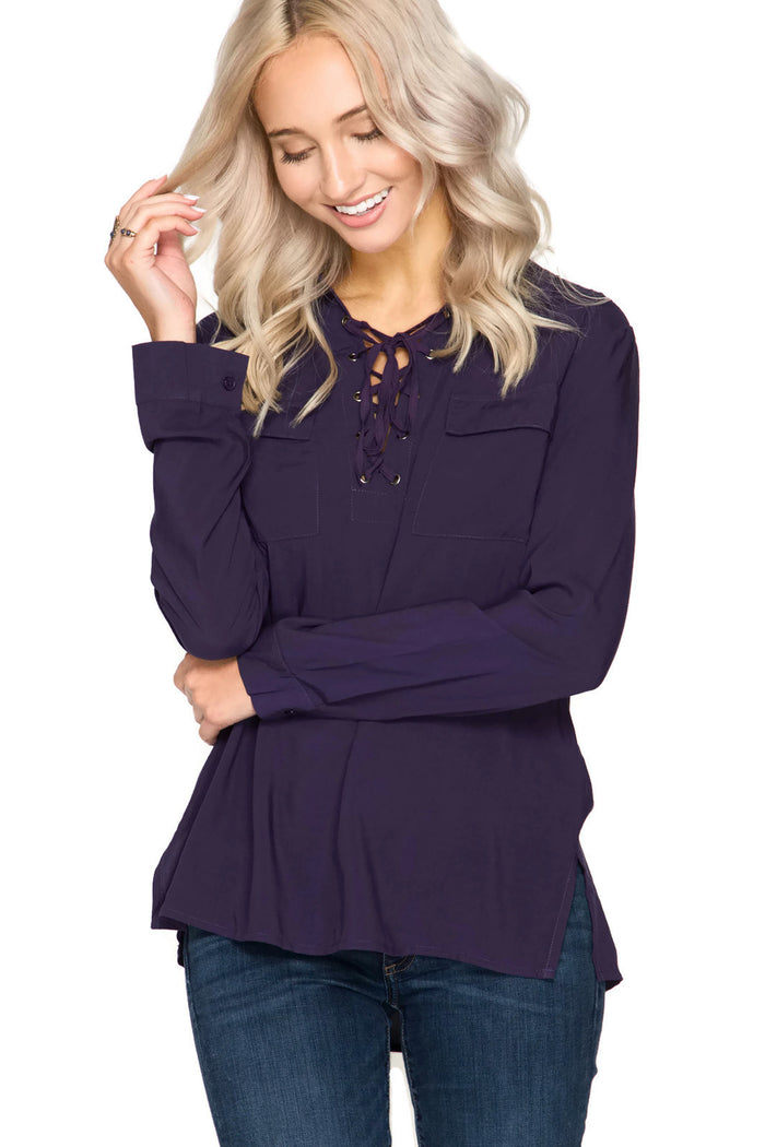 Lace Up Shirt With Pockets, Purple