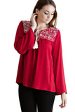 Embroidered Tassel Tie Top, Red