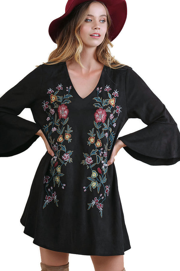 Floral Embroidered Bell Sleeve Dress, Black