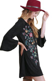 Floral Embroidered Bell Sleeve Dress, Black