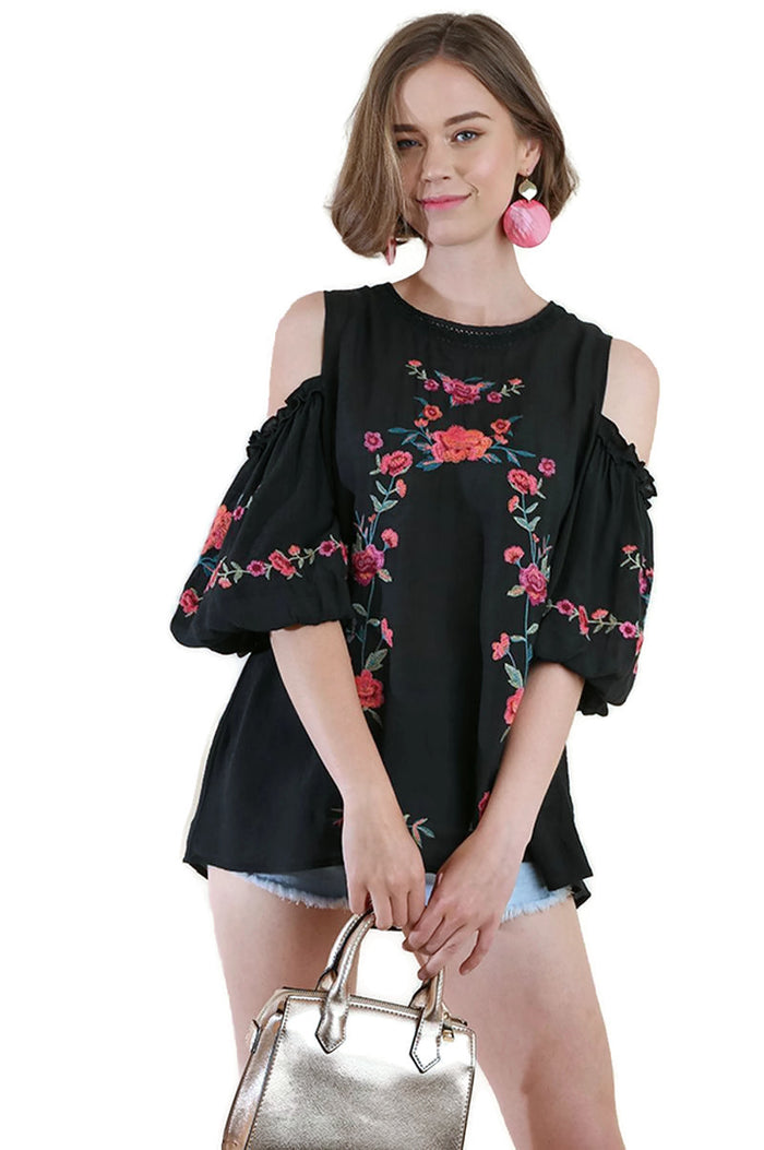 umgee Floral Embroidered Peasant Top