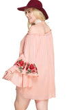 Floral Embroidered Off The Shoulder Mini Dress, Blush