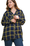 Plaid & Frayed Cotton Top, Navy
