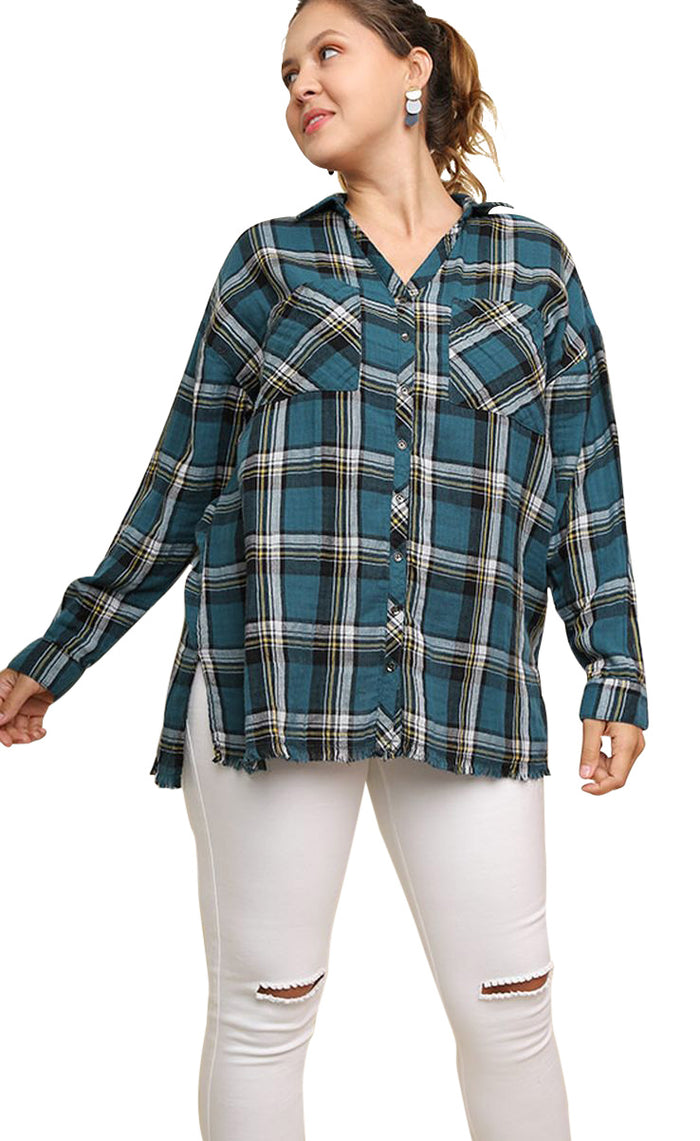 umgee plaid and frayed cotton tunic top