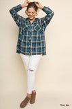 umgee Plaid & Frayed Cotton Top, Teal