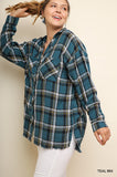 Plaid & Frayed Cotton Top, Teal