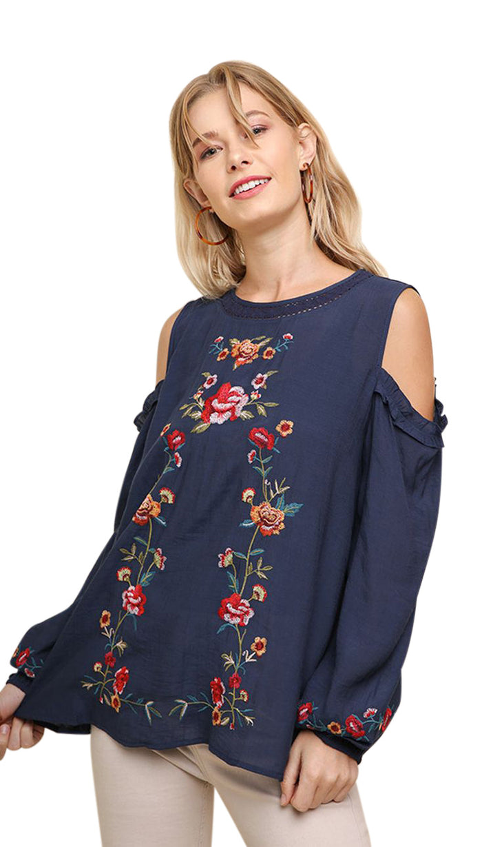 Floral Embroidered Peasant Top, Navy