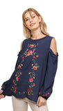 Floral Embroidered Peasant Top, Navy