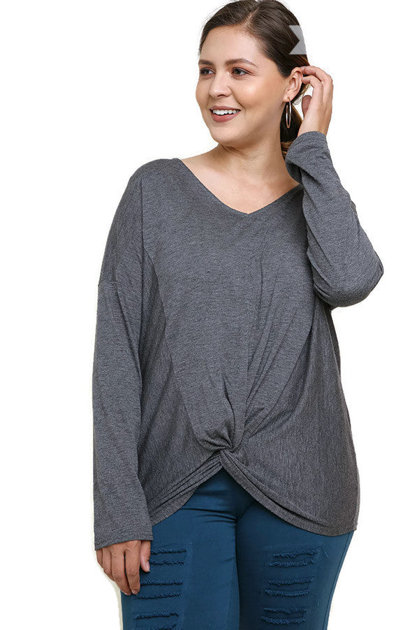 Heathered Front Knot Detail Top, Charcoal