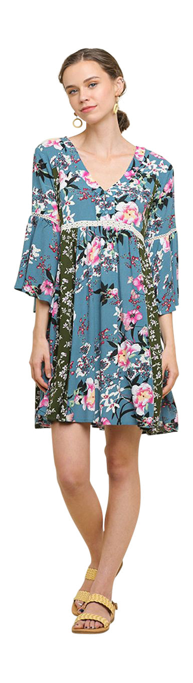 Multi Floral Bell Sleeve Mini Dress, Dusty Mint