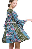 Multi Floral Bell Sleeve Mini Dress, Dusty Mint