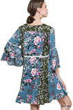 Multi Floral Bell Sleeve Mini Dress, Dusty Mint
