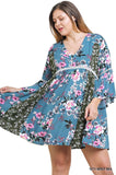 Multi Floral Bell Sleeve Mini Dress, Dusty Mint