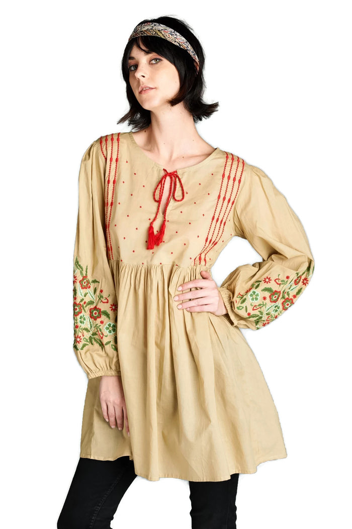 Floral Embroidered Peasant Dress, Mocha