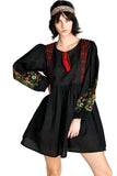 Floral Embroidered Peasant Dress, Black