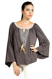 Embroidered Bell Sleeve Knit Top, Charcoal