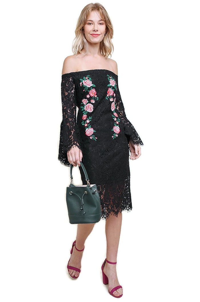 Floral Lace Bell Sleeve Midi Dress