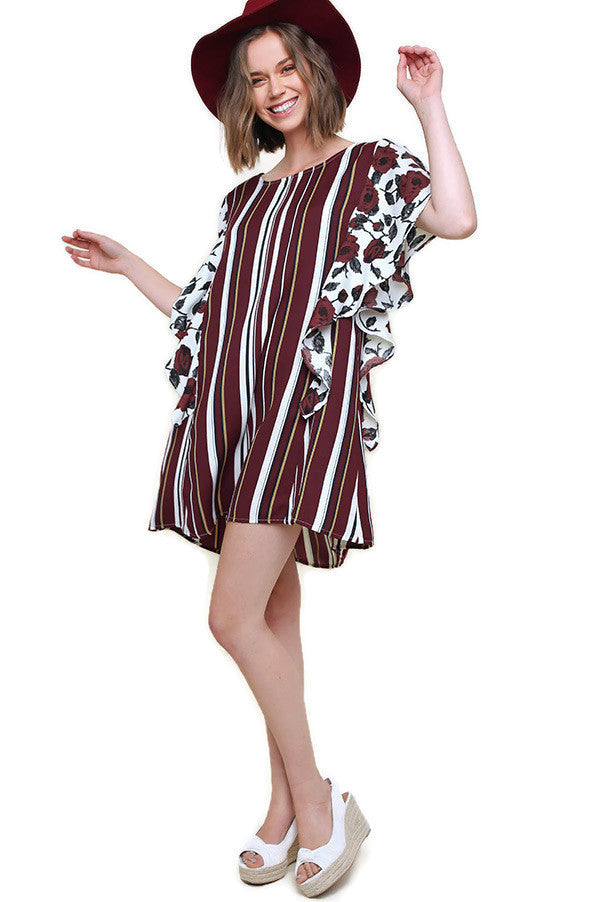 Striped & Floral Ruffle Sleeve Dress, White Mix