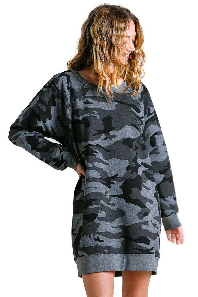 Umgee Camo Raw Edge Dress, Grey XL Umgee Camo Raw Edge Dress, Grey XL