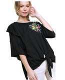 Embroidered Ruffled Sleeve Knot Top