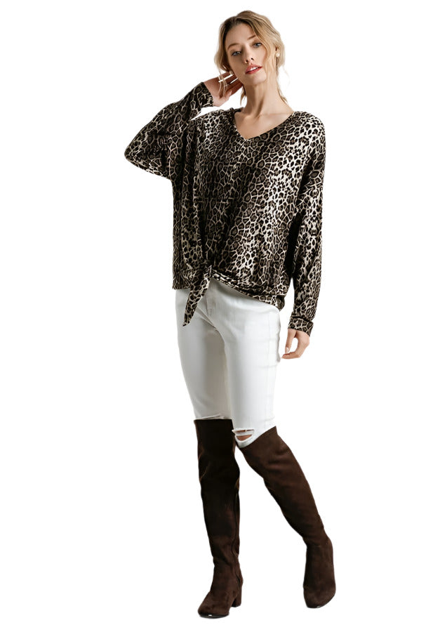 umgee Leopard Tie Front Top, Mocha