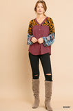 Animal & Aztec Waffle Knit Top, Berry