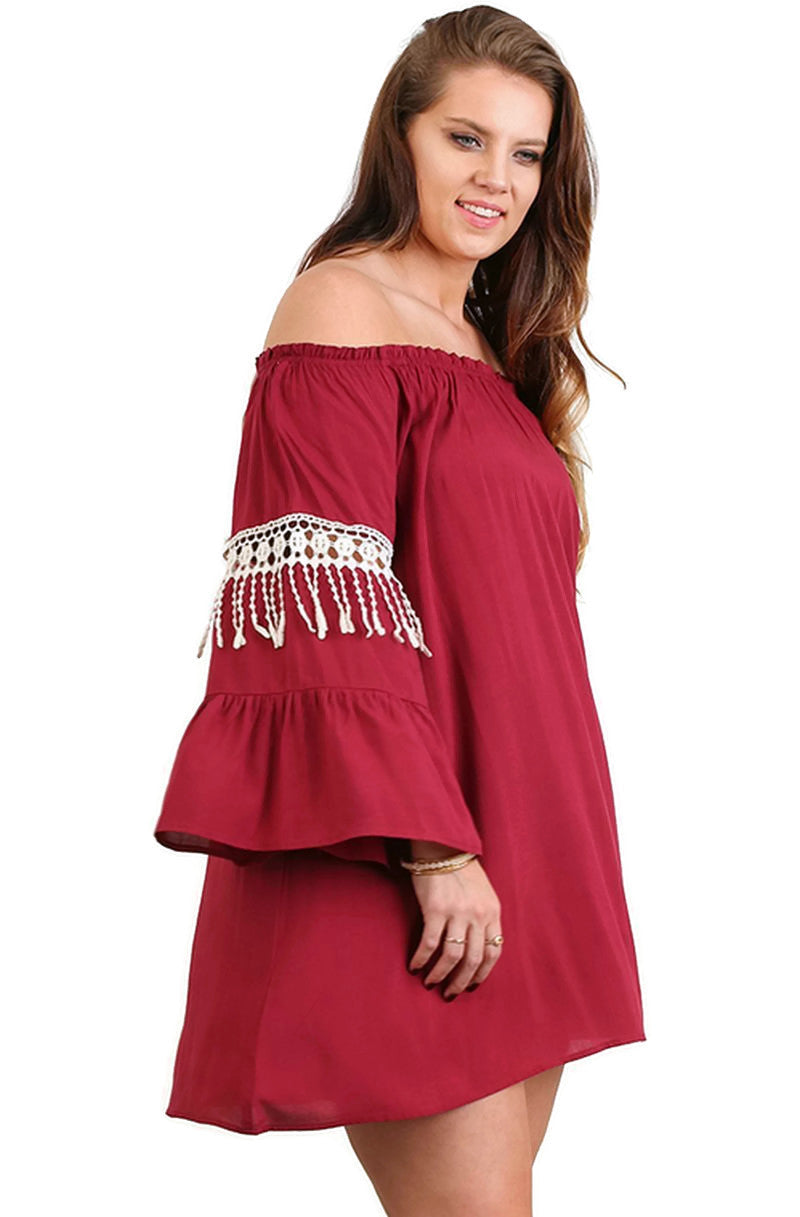 Umgee Bell Sleeve Boho Chic Dress Burgundy - XL Umgee Bell Sleeve Boho Chic Dress Burgundy - XL