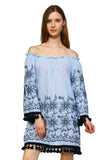 Embroidered Off the Shoulder Tassel  Dress, Blue