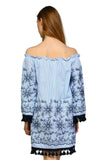Embroidered Off the Shoulder Tassel  Dress, Blue