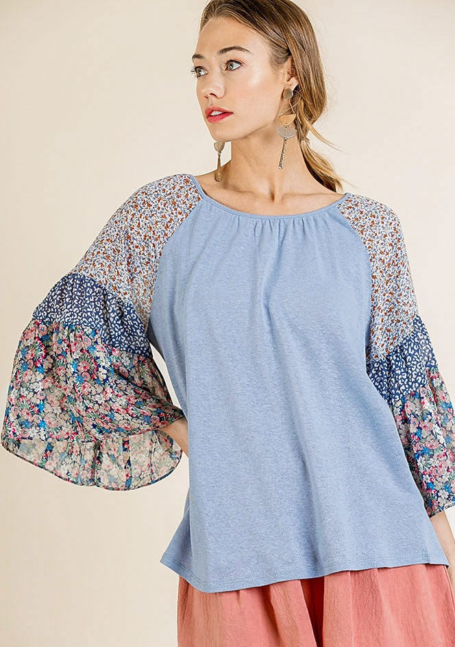 Mixed Print Bell Sleeve Top, Blue