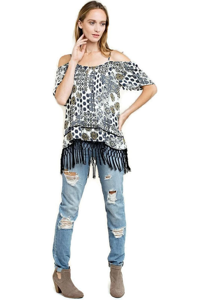 Off The Shoulder Fringe Top, Blue Mix